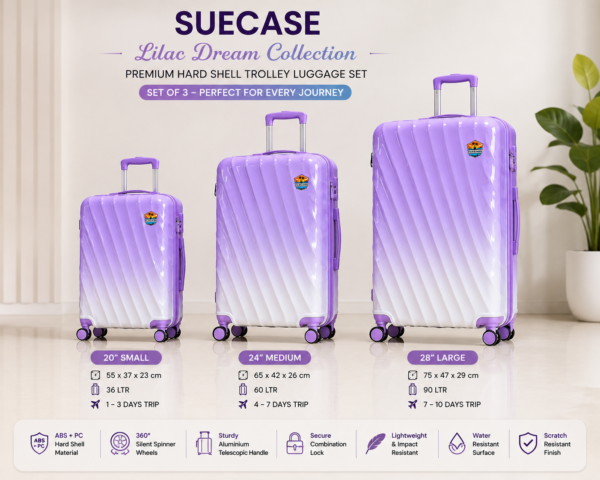 SUECASE Amethyst Glow 3-Piece Trolley Luggage Set Lilac Purple & Pearl White ABS + PC Hard Shell 360° Spinner Wheels