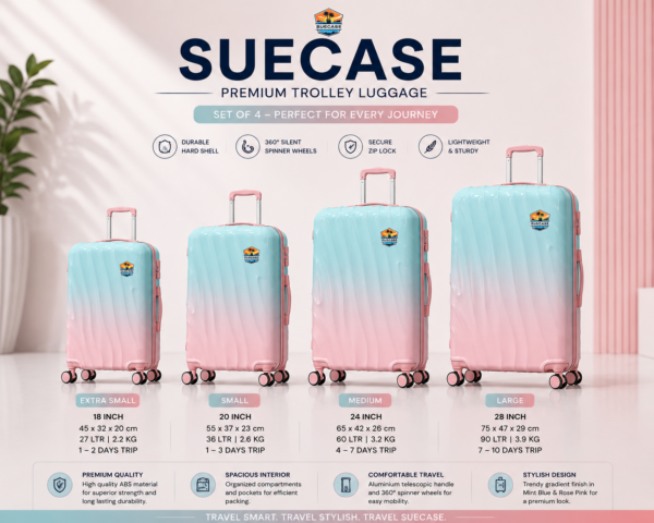 SUECASE OceanBlush – Premium Hard Shell Trolley Luggage Set of 4