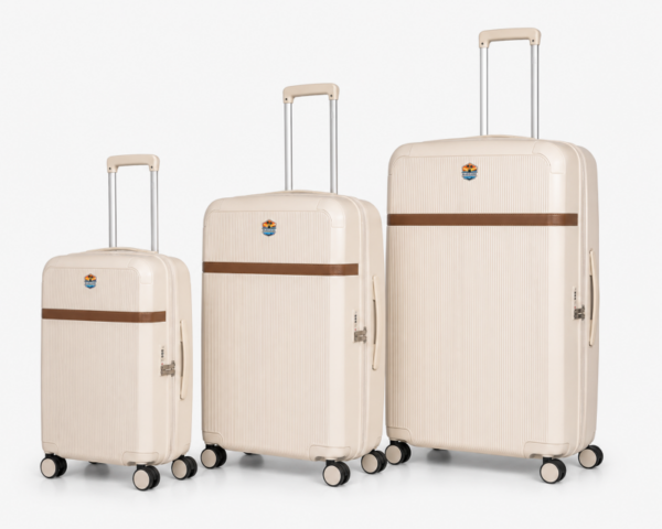 SUECASE Premium Travel Luggage Set 3-Piece Hard Shell Trolley Bags 20, 24, 28 Expandable Silent Spinner Wheels Champagne Beige